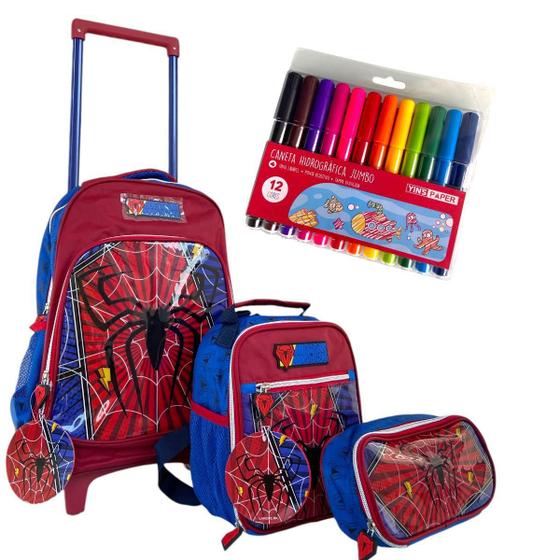 Imagem de Kit Mochila de Carrinho Aranha 3pçs +12 Canetinhas Coloridas