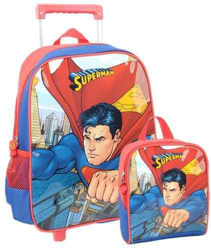 Imagem de Kit Mochila De Carrinho Escolar e Lancheira Superman