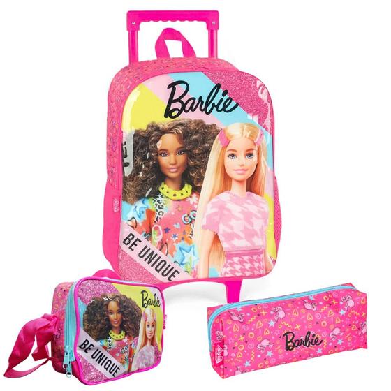 Imagem de Kit Mochila de Carrinho Estojo Lancheira Barbie Amigas Fashion