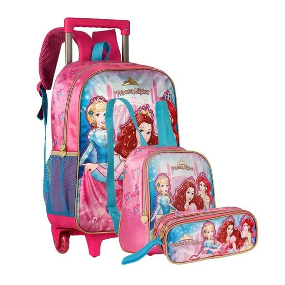 Imagem de Kit Mochila de carrinho Lancheira & Estojo Princesas Magicas