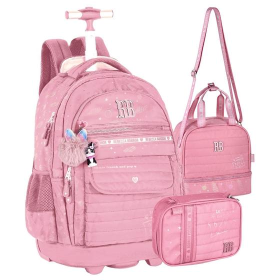 Imagem de Kit Mochila de Carrinho Nylon com Estampa Holográfica + Lancheira + Estojo Rebecca Bonbon Original 2025