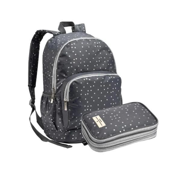 Imagem de Kit Mochila de Costas + Estojo Feminina Estrelas Cinza - Ref MI41348