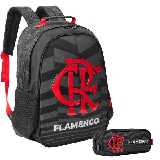 Imagem de Kit Mochila De Costas + Estojo Flamengo Esporte Futebol Escolar Oficial Listras Cinza