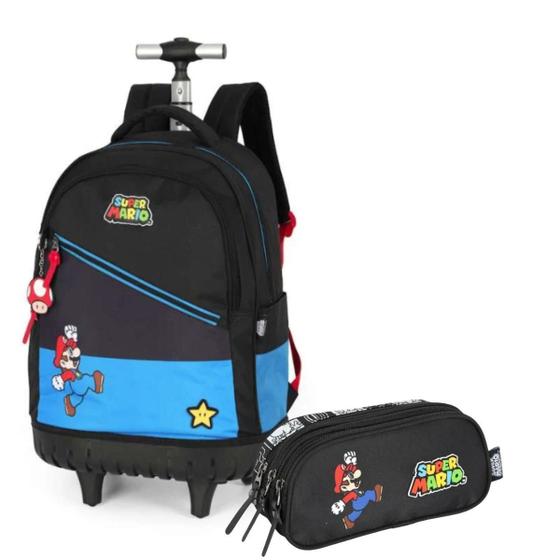 Imagem de Kit Mochila de Rodinha Azul e Estojo Preto Escolar Luxcel