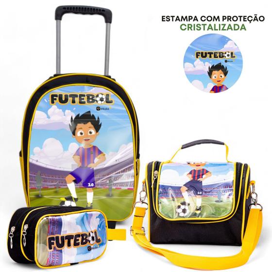 Imagem de Kit Mochila de Rodinha Escolar Futebol Infantil Masculino + Lancheira Transversal + Estojo Duplo Menino Cristal