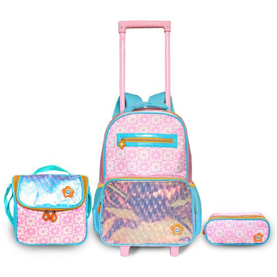 Imagem de Kit Mochila de Rodinha Infantil Escolar Menina Candy Flowers