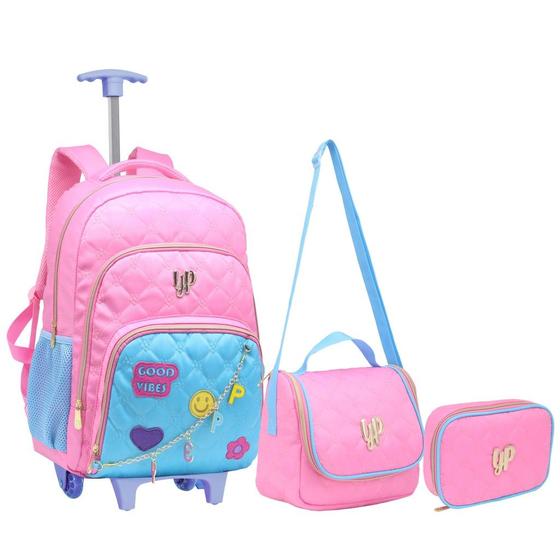 Imagem de Kit Mochila De Rodinha Juvenil Escolar Com Patches Good Vibes