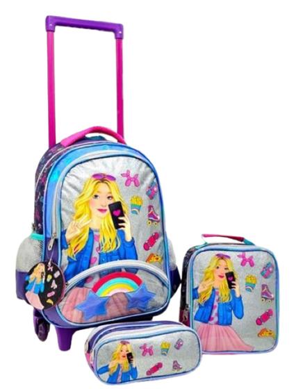 Imagem de Kit Mochila De Rodinha Juvenil Feminina Escolar 3 Peças