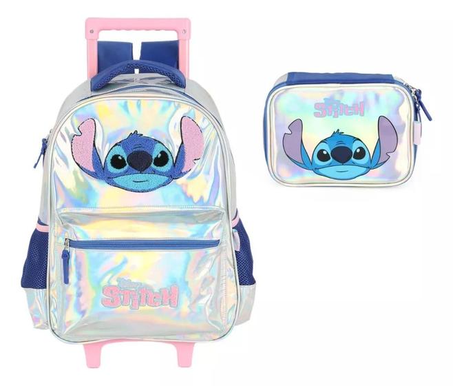 Imagem de Kit Mochila de Rodinha Juvenil Stitch Metalizado + Lancheira - Luxcel