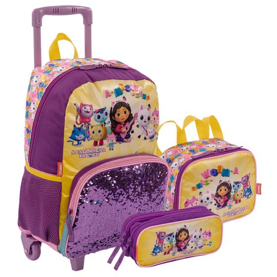 Imagem de Kit Mochila De Rodinha Lancheira E Estojo Escolar Infantil A Casa Mágica Da Gabby Meow Sestini