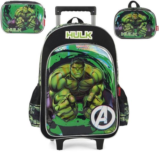 Imagem de Kit Mochila de Rodinha Lancheira e Estojo Luxcel Hulk Verde