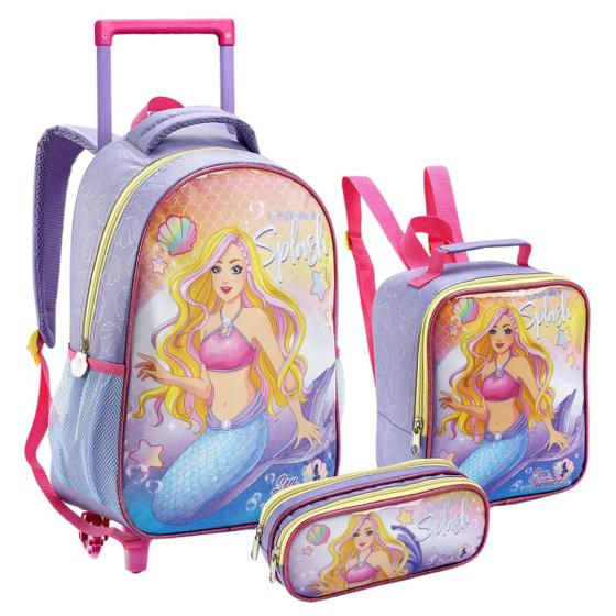 Imagem de Kit Mochila De Rodinha Lancheira Estojo Escolar Infantil Sereia