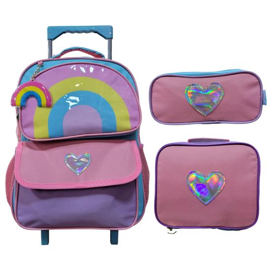 Imagem de Kit mochila de rodinha lancheira estojo rainbow yins ys42178