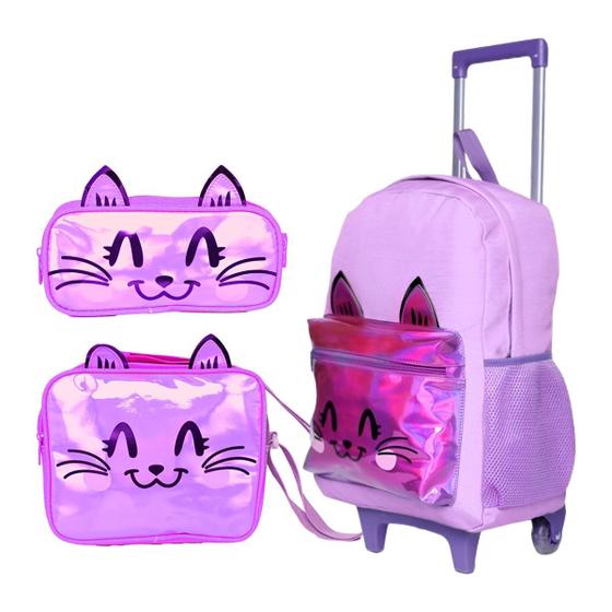 Imagem de Kit Mochila de Rodinha Menina Estojo Lancheira Gatinho Glitter