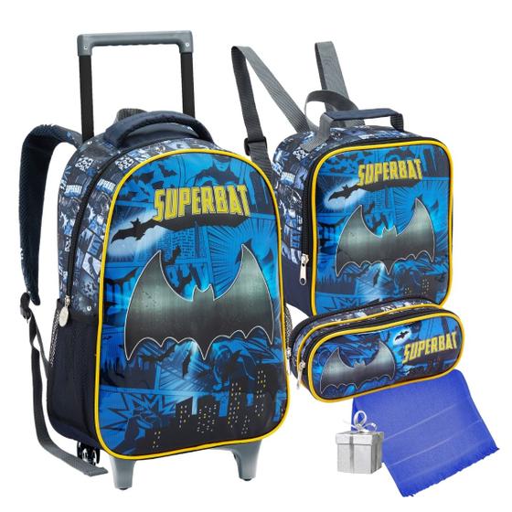 Imagem de Kit Mochila de Rodinha Menino Superbat Herói Morcego Resistente Com Lancheira e Estojo