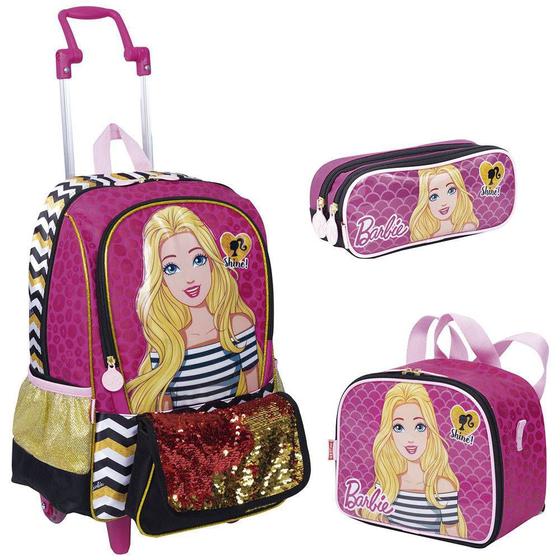 Kit Mochila De Rodinhas Barbie G 19z + Lancheira + Estojo Rosa Menor preço em Kit Mochila De Rodinhas Barbie G 19z + Lancheira + Estojo Rosa