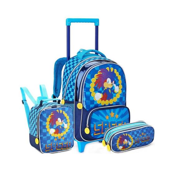 Kit Mochila De Rodinhas Com Lancheira E Estojo Sonic Denlex Menor preço em Kit Mochila De Rodinhas Com Lancheira E Estojo Sonic Denlex