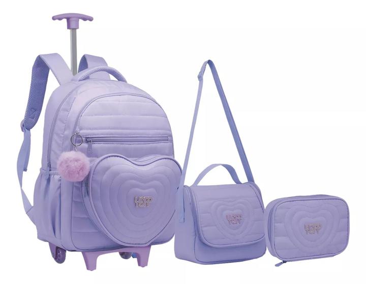 Kit Mochila De Rodinhas Escolar Juvenil Feminina Coração Menor preço em Kit Mochila De Rodinhas Escolar Juvenil Feminina Coração