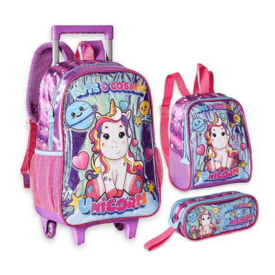 Kit Mochila de Rodinhas, Estojo e Lancheira Unicórnio Clio é boa?