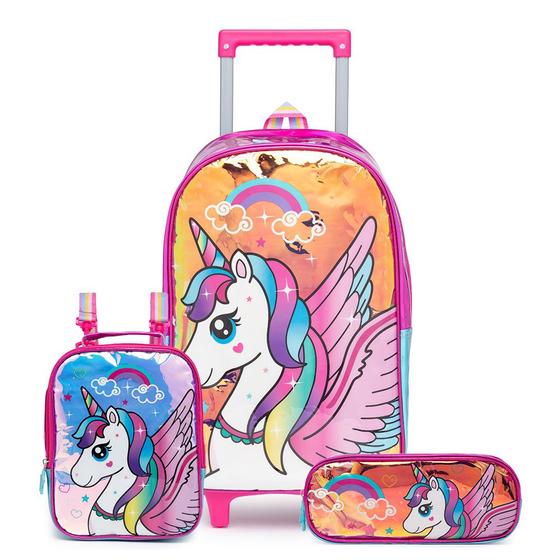 Kit mochila de rodinhas + estojo + lancheira térmica unicórnio infantil rosa impermeável Menor preço em Kit mochila de rodinhas + estojo + lancheira térmica unicórnio infantil rosa impermeável