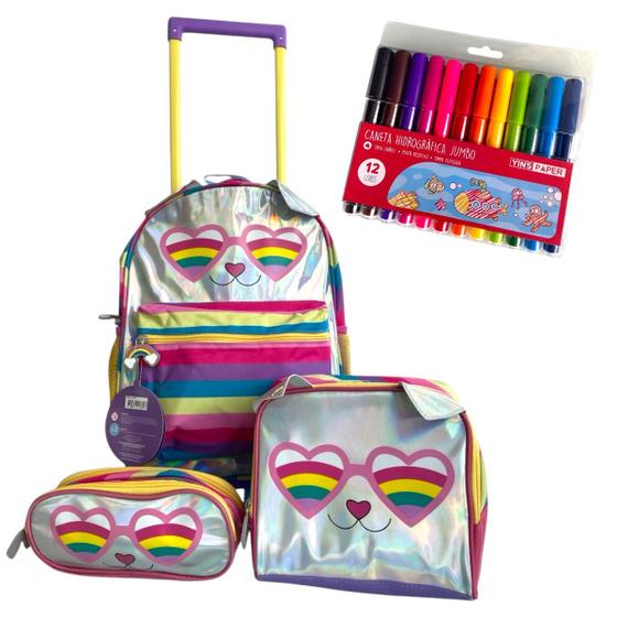 Imagem de Kit Mochila de Rodinhas Gatinha Holográfica + 12 canetinhas 