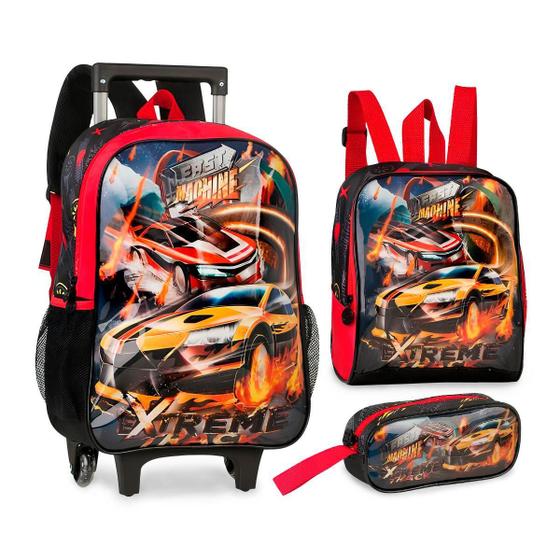 Imagem de Kit Mochila De Rodinhas Infantil Escolar Carro Extreme Track