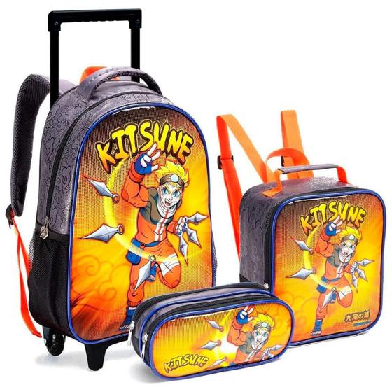 Imagem de Kit Mochila De Rodinhas Infantil Escolar Super Kitsune Anime