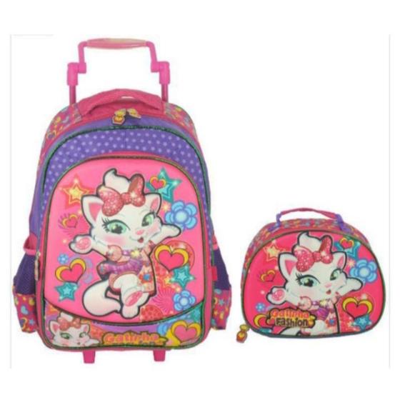 Imagem de Kit Mochila De Rodinhas Infantil Feminina Gatinha Fashion 3d