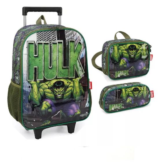 Imagem de Kit Mochila De Rodinhas Lancheira E Estojo Hulk Luxcel