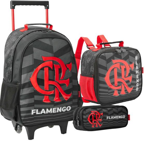 Imagem de Kit Mochila De Rodinhas + Lancheira + Estojo Flamengo Listras Cinza Escolar Oficial