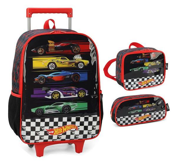 Imagem de Kit Mochila De Rodinhas Lancheira Estojo Menino Hot Wheels