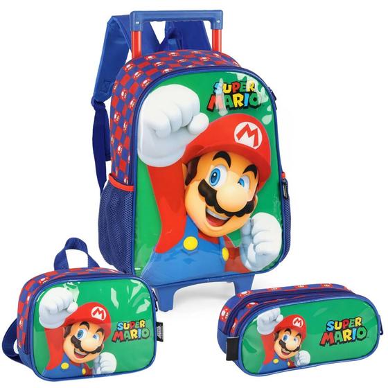 Imagem de Kit Mochila De Rodinhas Lancheira Estojo Super Mário Brós