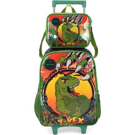 Imagem de Kit Mochila de Rodinhas Lancheira Luxcel Up4You T-Rex Verde