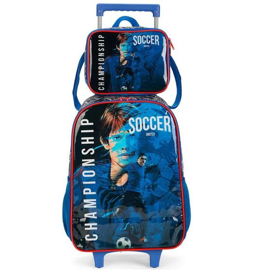 Imagem de Kit Mochila de Rodinhas + Lancheira Térmica Futebol Azul