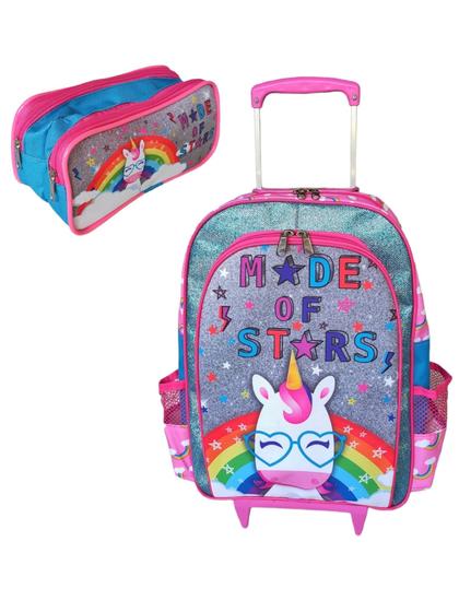 Imagem de Kit mochila de rodinhas mochilete unicórnio infantil escolar meninas brilho bolsa aulas com estojo