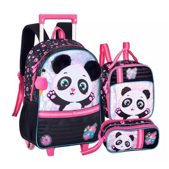Imagem de Kit Mochila de Rodinhas Pandinha C/ Lancheira E Estojo Triplo Panda Creche Passeio - Clio