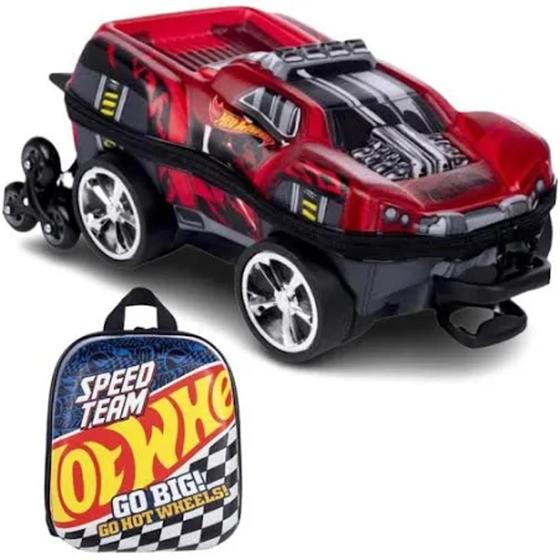 Imagem de Kit mochila diplomata 3d hotwheels dawgzilla vermelho com lancheira