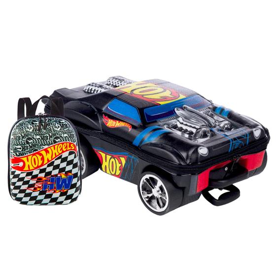 Imagem de Kit mochila diplomata maxtoy 3d hotwheels com lancheira