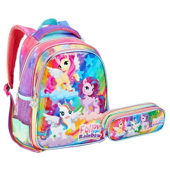 Imagem de Kit Mochila e Estojo Escolar Infantil Unicórnio