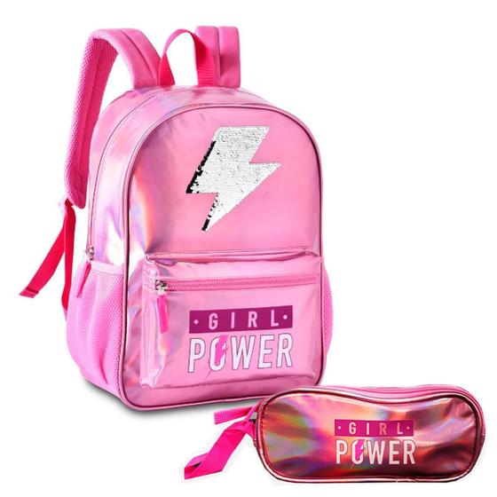 Imagem de Kit Mochila E Estojo Menina Girl Power Rosa Brilho Com Paete