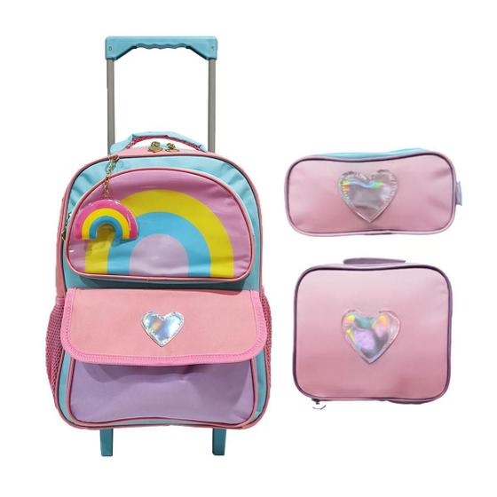 Imagem de Kit Mochila Escolar Arco-Íris Infantil Com Carrinho Menina