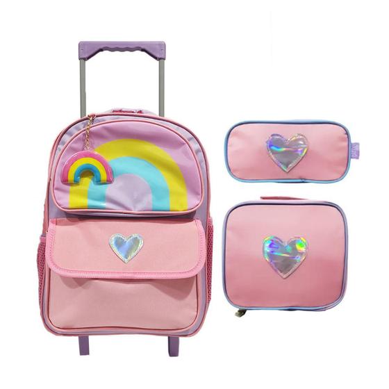 Imagem de Kit Mochila Escolar Arco-Íris Infantil Com Carrinho Menina