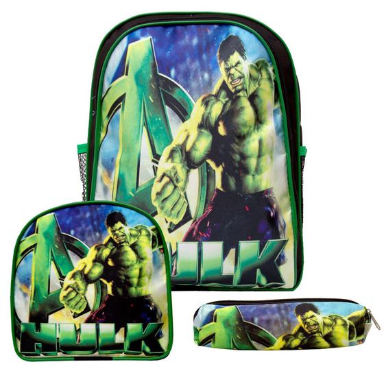 Imagem de Kit Mochila Escolar Bolsa Incrível Hulk Meninos Herói Costas