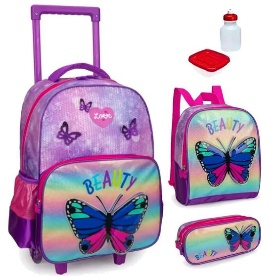 Imagem de Kit Mochila Escolar Borboleta Beauty Rodinhas Tam G Infantil