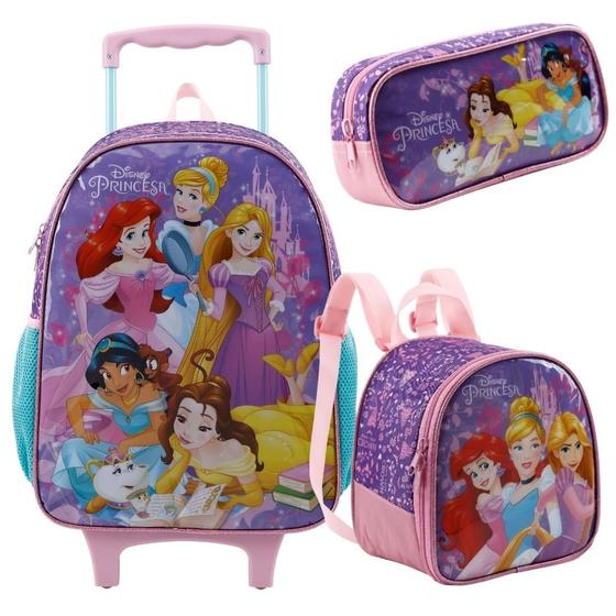 Imagem de Kit Mochila escolar Com Rodas Lancheira e estojo Princesas Disney