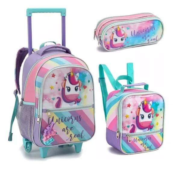 Imagem de Kit Mochila Escolar Com Rodinhas Unicórnio Com Chaveiro