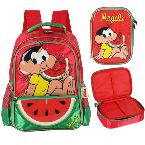 Imagem de Kit Mochila Escolar Costas e Estojo Box Turma da Mônica Magali Vermelho - Luxcel