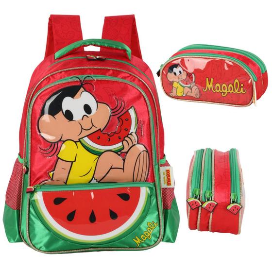 Imagem de Kit Mochila Escolar Costas e Estojo Triplo Turma da Mônica Magali Vermelho - Luxcel
