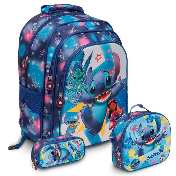 Imagem de Kit Mochila Escolar Costas Stitch Resistente Tam G Passeio