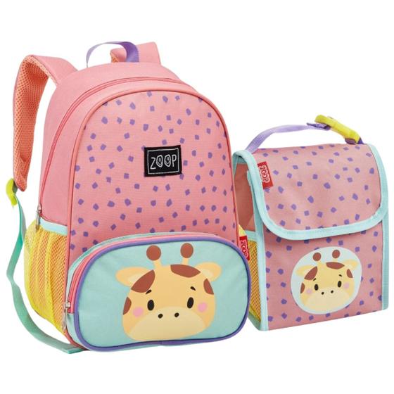 Imagem de Kit Mochila Escolar Creche Passeio Infantil Pequena E Lancheira Termica Menina Girafa Rosa